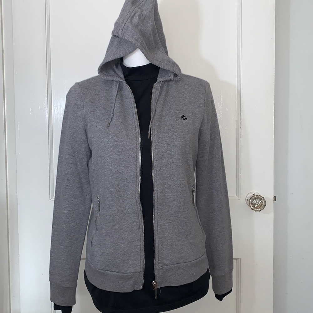 Lauren Ralph Lauren Gray Full Zip Cotton Jacket w/ Hoodie, Zip Up Pockets Size S